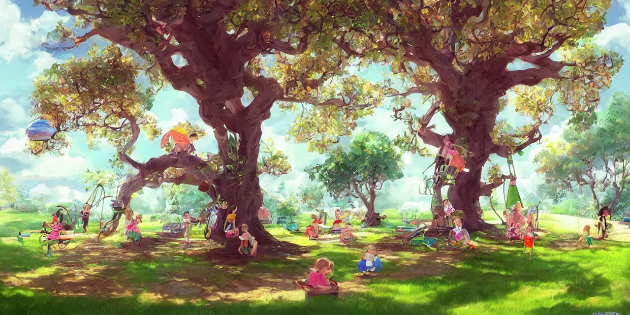 Image similar to 8 k ， an illustration of a children's playground under a big tree ， spring atmosphere ， by ashno alice and raja nanadepu ， trend on artgerm ， featured on artstation