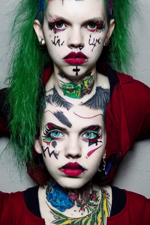 Image similar to upper body portrait hannah murray as a punk woman with green mohawk, covered in neotraditional style tattoos, septum ring, piercings, wearing a bold tee shirt, flannel jacket, fishnets and a long tartan skirt, intimidating, max details, hyperrealistic, photorealistic, ultra - realistic, ultra - detailed, cinematic, 8 k resolution by alan lee