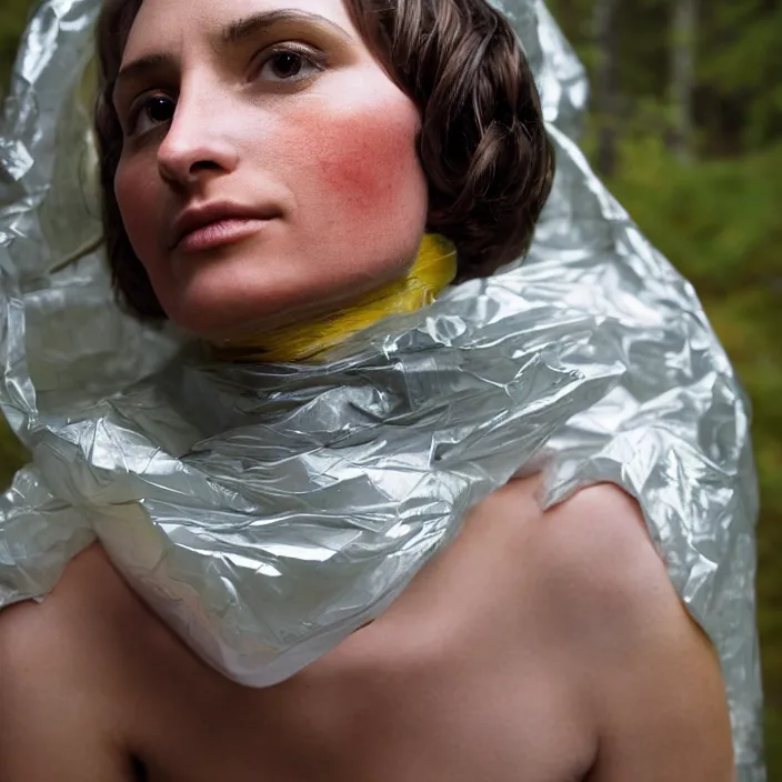 Image similar to a color photograph, closeup portrait of a woman wrapped in plastic, in grand olympic national park in washington, color photograph, by vincent desiderio, canon eos c 3 0 0, ƒ 1. 8, 3 5 mm, 8 k, medium - format print