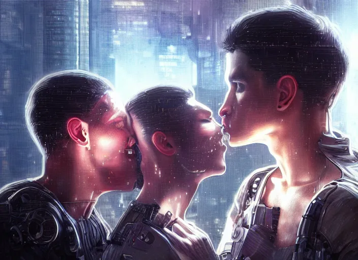 Image similar to ultra realistic medium shot of a couple of cyborgs kissing, lovers, cyberpunk, sci - fi, kodak, colour led, soft light, volumetric lighting, fog, rays, night, rain, metro station, intricate detailed, digital painting, concept art, smooth, sharp focus, illustration, art by artgerm and greg rutkowski and alphonse mucha