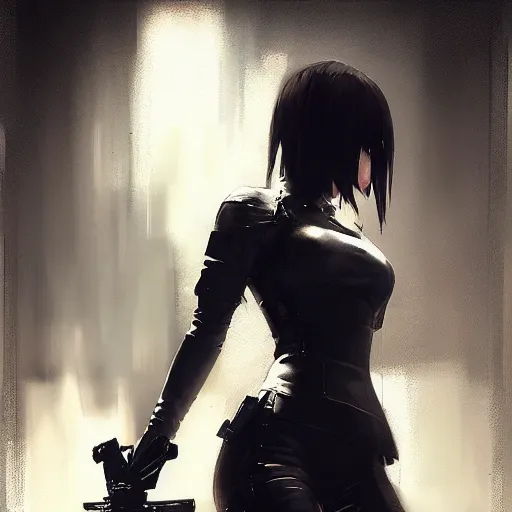 Image similar to painting of yorha no. 2 type a wearing skintight leather jacket holding a gun, by jeremy mann, fantasy art, dynamic lighting, artstation, poster, volumetric lighting, 4 k, award winning