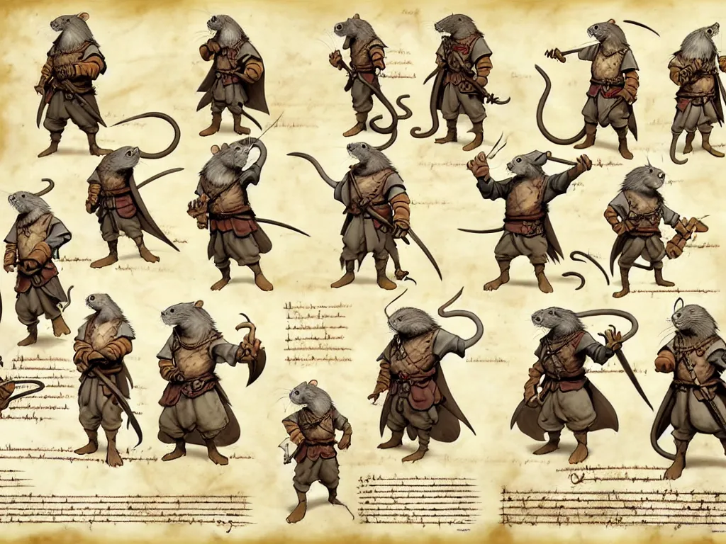 Image similar to character design sheet for a group of heroic rat pirates on a parchment background, redwall, greg rutowski and jean baptiste monge, very very detailed, epic fantasy concept art