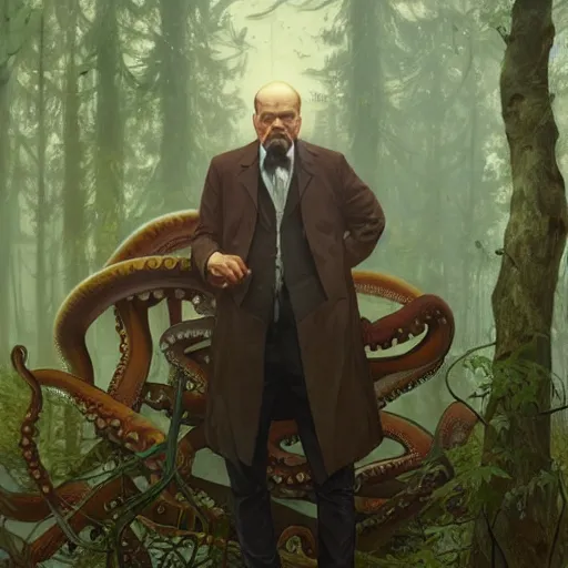Image similar to photo of vladimir lenin is an octopus in the forest, highly detailed, digital painting, artstation, smooth, sharp focus, illustration, art by artgerm and greg rutkowski and alphonse mucha