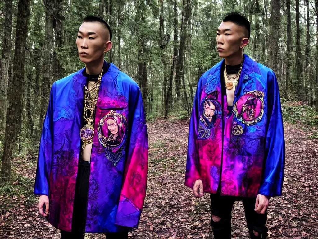 Image similar to versace avant garde male super oversized jacket blue purple red necklace textiles streetwear cyberpunk buff muscle japanese asian man shaved head in the woods overcast late evening dramatic professional color 8 k hdr