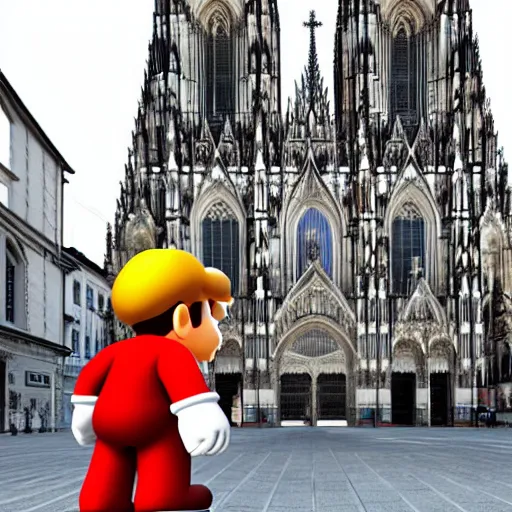 Prompt: super mario walking next to the cathedral of cologne, germany, volumetric lighting, sharp focus, ultra detailed, cgsociety - w 1 0 2 4 - n 8 - i