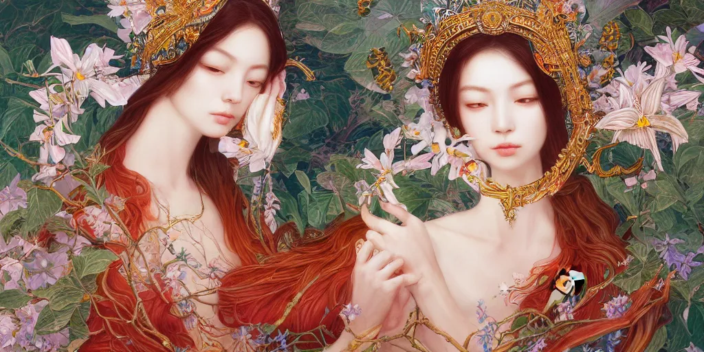 Image similar to breathtaking detailed concept art painting of the goddess of exotic bird, orthodox saint, with anxious, piercing eyes, ornate background, amalgamation of leaves and flowers, by hsiao - ron cheng and john james audubon and miho hirano, extremely moody lighting, 8 k