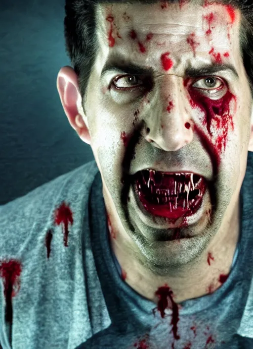 Prompt: david schwimmer becomes an angry zombie, face enhance, realistic, shaun of the dead, izombie, ultra detailed, octane render, lovecraftian, horror, dead space, the walking dead