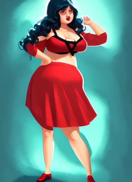 Image similar to full body portrait of teenage veronica lodge, obese, bangs, sultry, realistic, sultry smirk, wavy hair, red skirt, fat, belly, intricate, elegant, glowing lights, highly detailed, digital painting, artstation, concept art, smooth, sharp focus, illustration, art by wlop, mars ravelo and greg rutkowski