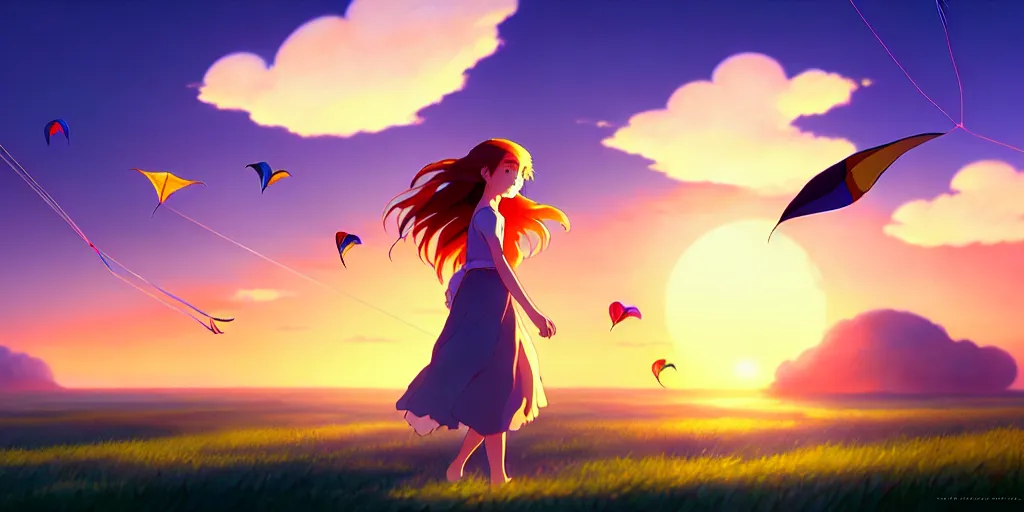 Image similar to the girl and the kites. beautiful sunrise. matte painting, anime, studio ghibli. intricate, elegant, super highly detailed, professional digital painting, artstation, concept art, smooth, Unreal Engine 5, Photorealism, HD quality, 8k resolution, cinema 4d, 3D, beautiful, cinematic