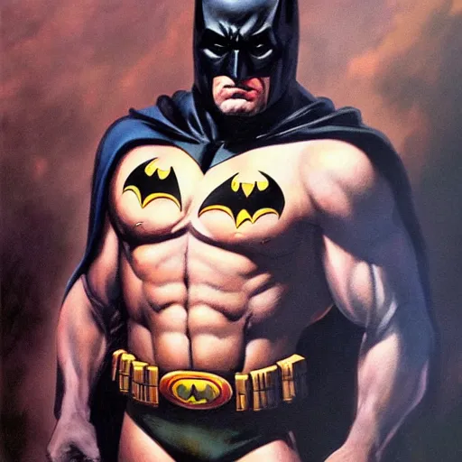 Prompt: an ultra - realistic portrait painting of batman in the style of frank frazetta. 4 k. ultra - realistic. highly detailed. dark fantasy. creepy lighting.