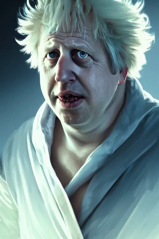 Image similar to Boris Johnson as Rick Sanchez, one eyebrow, white robe, big eyes, 2d portrait, symmetrical, highly detailed, digital painting, artstation, concept art, smooth, sharp focus, illustration, cinematic lighting, art by artgerm and greg rutkowski and alphonse mucha