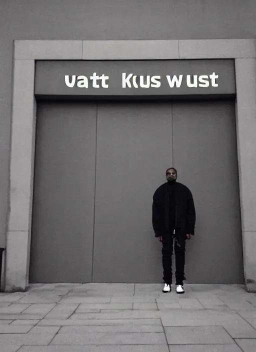 Image similar to Kanye West standing in front of the entrance to Huta Katowice, big Huta Katowice text over the entrance, iPhone photo