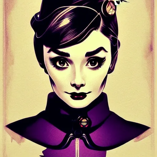 Image similar to in the style of joshua middleton, artgerm, beautiful audrey hepburn, steampunk, bioshock, elegant pose, middle shot, spooky, symmetrical face symmetrical eyes, three point lighting, detailed realistic eyes, short neck, purple and green top clothing, insanely detailed and intricate elegant