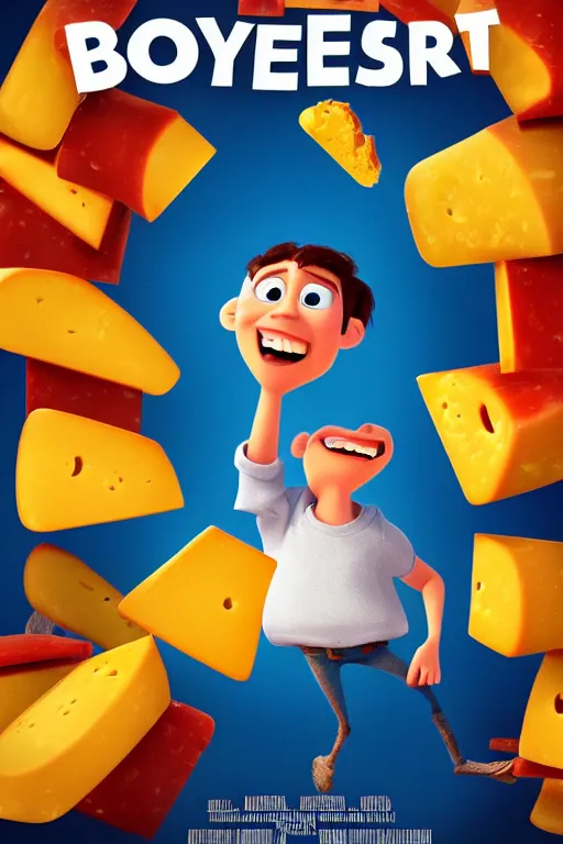 Image similar to Poster for a movie about a boy that loves to eat cheese. pixar style, 3d animation, render, zigor samaniego style