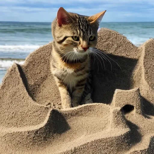 Image similar to a tabby cat building a sandcastle on the beach