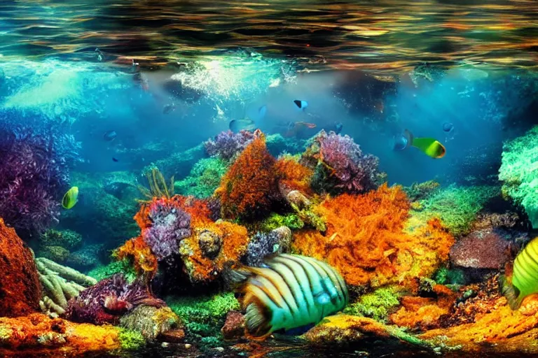 Image similar to ultra realistic underwater photography, panoramic picture of a river with a big number of large, brightly colourful fish. lots of bubbles, little seaweed and some rocks. gloomy scattered light entering from the water surface, artstation, 8 k