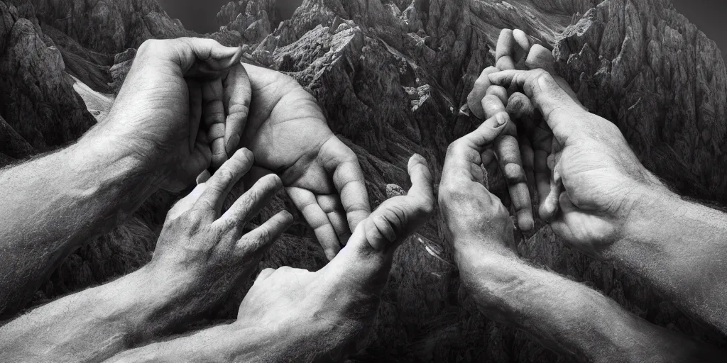 Image similar to ego perspective photography of hands holding climbing mountain in the dolomites, climbing, dolomites, alpine, detailed intricate insanely detailed octane render, 8k artistic 1920s photography, photorealistic, black and white, chiaroscuro, hd, by David Cronenberg, Raphael, Caravaggio