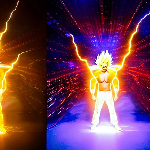 Image similar to uhd candid photo of cosmic joe rogan as a super sayian powering up, glowing, global illumination, studio lighting, radiant light, hyperdetailed, correct face, elaborate intricate costume. photo by annie leibowitz