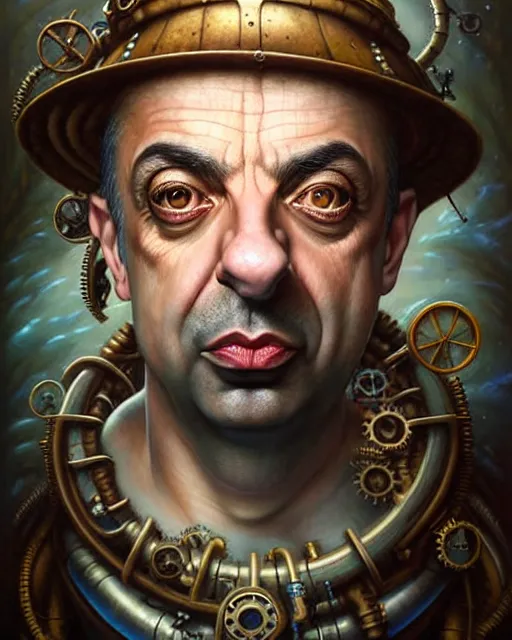 Prompt: underwater steampunk portrait of rowan sebastian atkinson, by tomasz alen kopera and peter mohrbacher