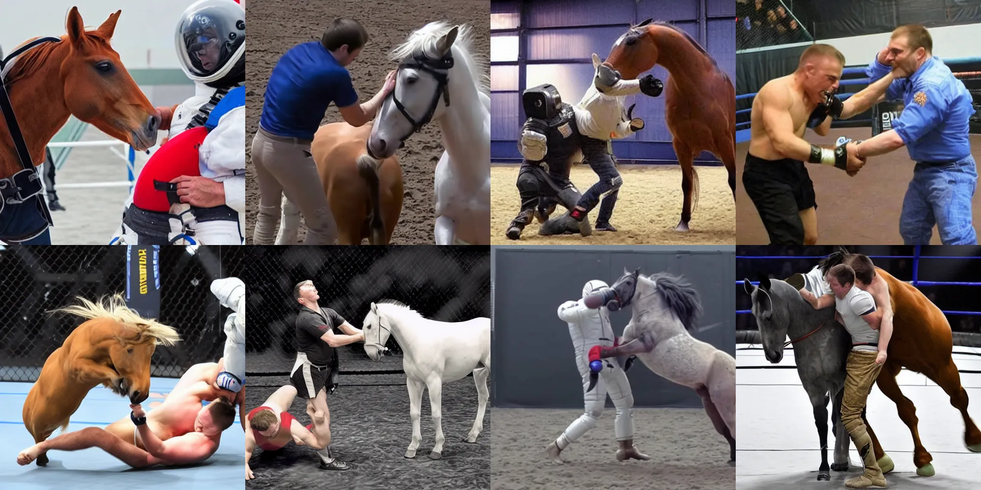 Prompt: horse wrestles astronaut in mma