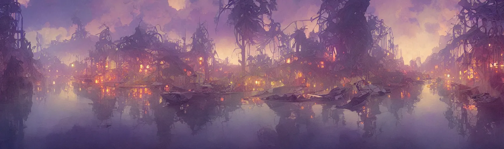 Prompt: a beautiful painting of a dystopian science fictionlandscape, a lake with boats, houses on stilts, different colour led lights and neon, by alfons maria mucha and julie dillon and makoto shinkai