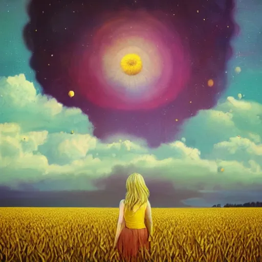 Image similar to giant daisy flowers as a head, girl walking in wheat field, hills, surreal photography, dark night, star trails, impressionist painting, dramatic clouds, digital painting, artstation, simon stalenhag