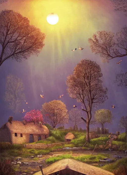 Prompt: a village lost in the middle of the forest, wooden roof, stone road, small stream that crosses the village, strangely animal inhabitants, smoke from the chimney, tearful sunset, beautiful tree in bloom, zepplin in the sky by yerka jacek