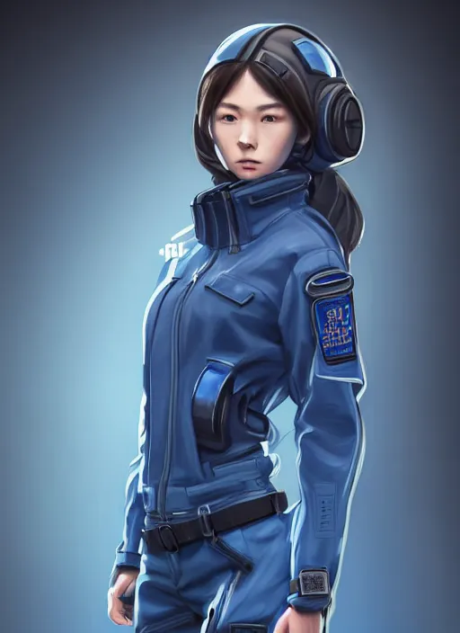 Prompt: full body portrait of a blue techwear uniform girl with guns. detailed face, concept art, digital art, intricate, highly detailed 8 k, smooth, sharp focus, beautiful and aesthetic shape of face and body, artgerm, artstation, art by zexi guo and nira and kafun and gharliera and rinotuna