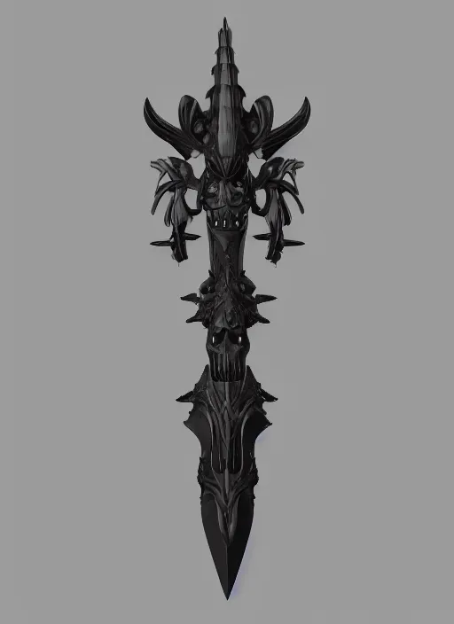 Image similar to a black long sword skull crest, orthographic, ornament, weapon, a 3 d render by dom qwek, front side views full, trending on polycount, artstation, hard surface modeling, rendered in maya, 3 ds max, blender, hd, vray, berserk