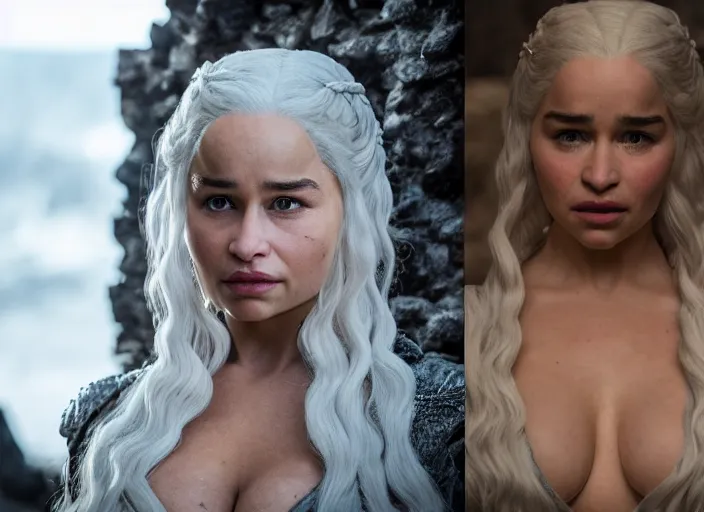 Image similar to movie still of lindsey pelas as emilia clarke in game of thrones, by charlotte grimm, natural light, detailed face, canon eos c 3 0 0, ƒ 1. 8, 3 5 mm, 8 k, medium - format print, half body shot