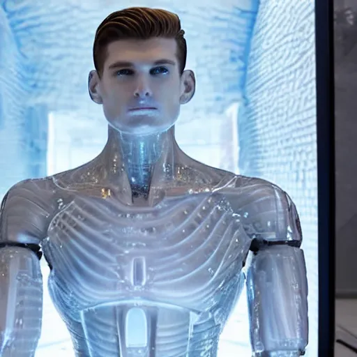 Image similar to made of ice, a realistic detailed photo of a guy who is an attractive humanoid who is half robot and half humanoid, who is a male android, on display, blank stare, showing off his muscles, shiny skin, posing like a statue, by the pool, frozen ice statue, f 1 driver max verstappen, humanoid robot