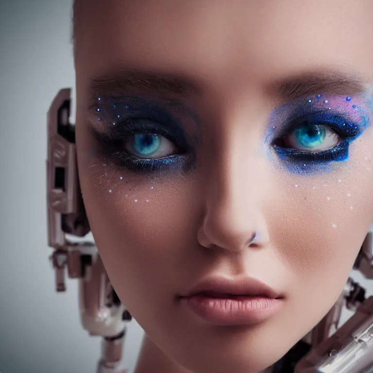 Prompt: “ a realistic photo of a cyborg beauty queen robot with a perfect face and stunning eyes looking at the the camera, fashion photography, 5 5 mm f 2. 8 canon ”