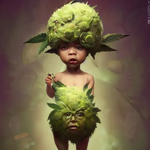 Image similar to a cute little baby made of hemp, with a head in the form of a cannabis bloom, like baby grut, green skin, character, art by james jean and greg rutkowski!!, realistic face, digital art, chibi style, golden ratio, perfect composition, trending on artstation, 8 k