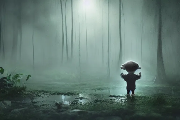 Image similar to a moody scene of a little boy talking with a spirit like a ghost in the middle of a rain forest at night, ultra realistic, style of