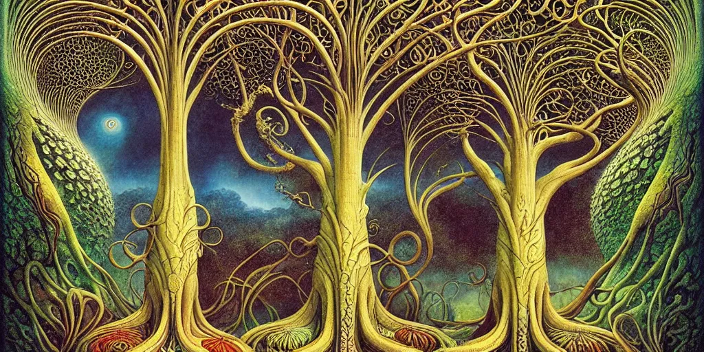 Image similar to tree of life by roger dean and andrew ferez, art forms of nature by ernst haeckel, divine chaos engine, symbolist, visionary, art nouveau, botanical fractal structures, organic, detailed, realistic, surreality