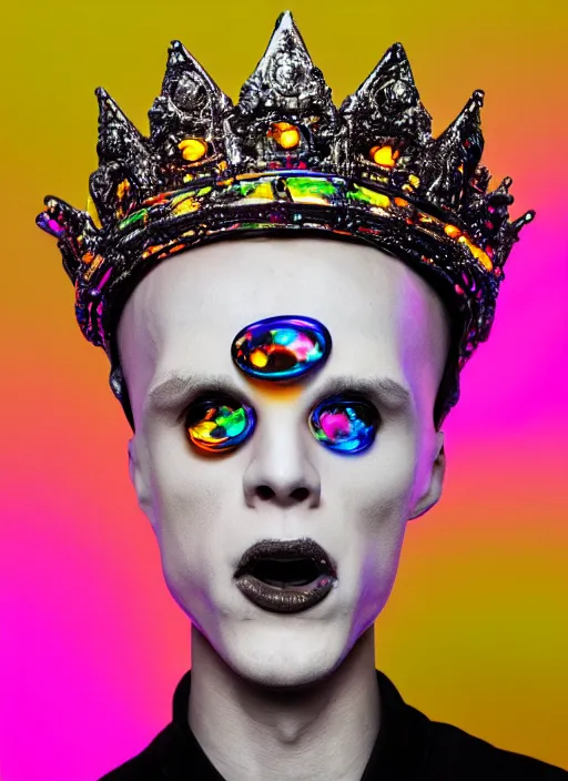Image similar to photo of baroque and bladerunner delicate neon diamond sculpture of ceramic albino king adrien sahores seductive delicious tongue out, creamy orange iridescent humanoid deity wearing white fluffy hoody holding diamond skull in a black metallic dungeon, reclining, glowing rainbow face, crown of white diamonds, cinematic lighting, photorealistic, octane render 8 k depth of field 3 d