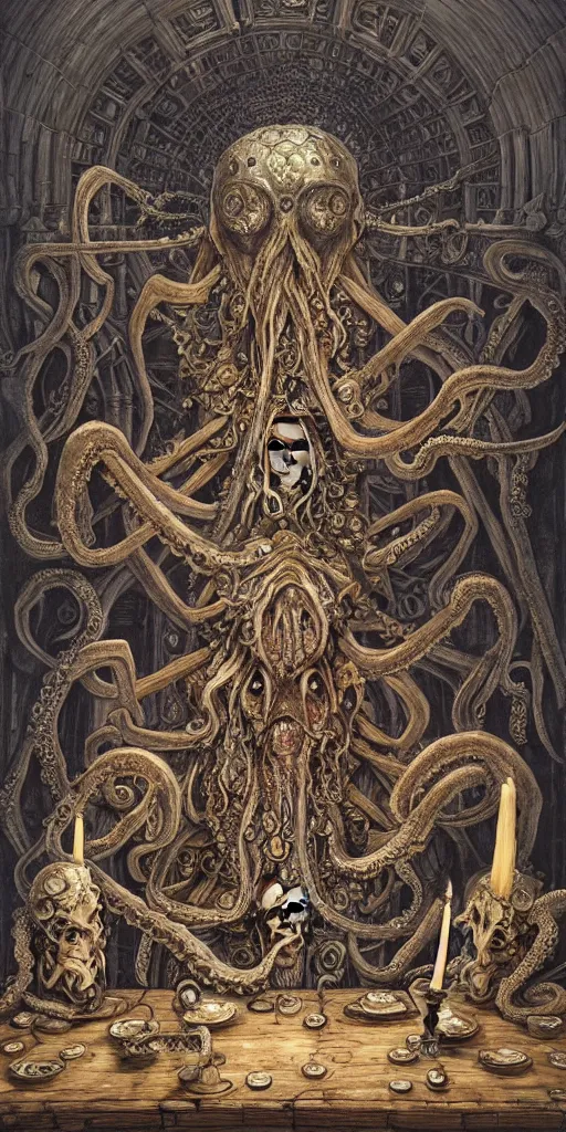 Prompt: mages with human bodies and magical armour with octopus heads sitting near the table in an ancient mage castle with enormous scale, gothic and baroque, brutalist architecture, ultradetailed, Intricate by John Howe and Josan Gonzalez and Giuseppe Arcimboldo