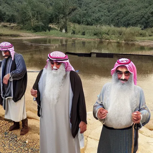 Prompt: Middle eastern wise men visit a fish hatchery in the rural countryside. Realistic, photographic quality.