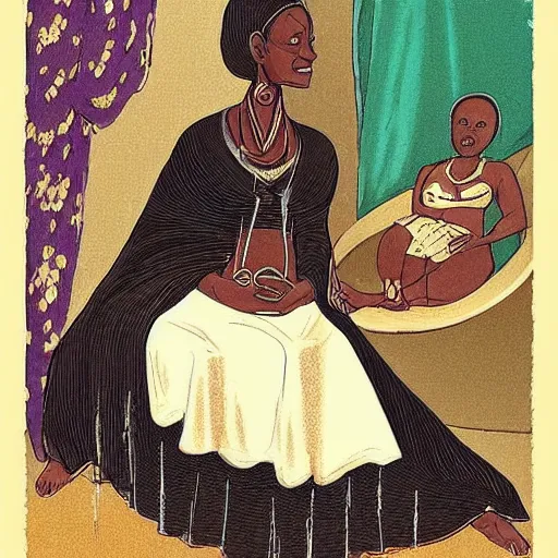 Prompt: “ mama bekwatataba stood watching us — a little jet - black woman. her elbows stuck out like wings, and a huge white enameled tub occupied the space above her head, somewhat miraculously holding steady while her head moved in quick jerks to the right and left