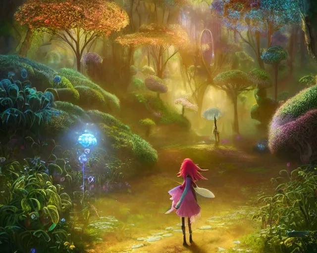 Image similar to beautiful faerie princess walks through happy trippy fungal landscape, by weta, pixar, dan mumford, yusuke murata, makoto shinkai, ross tran 8 k award winning photography, cosmic, heavenly, god rays, intricate detail, cinematic, unreal engine, cel shaded