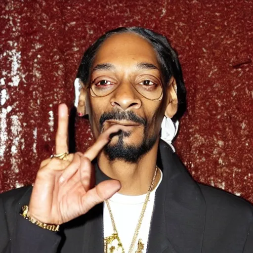 Image similar to Snoop Dog with big eyes eye color red , smiling and holding a joint in his hand