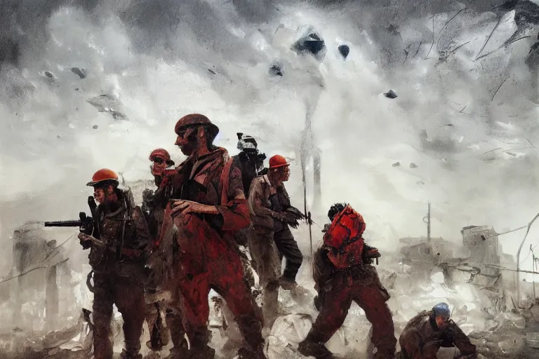 Image similar to intense dramatic still of a ragtag group of miners and factory workers with improvised weapons and firearms and dark red scarves, on the surface of an asteroid, outside of a high tech industrial building, medium shot, oil painting by charles frederic ulrich, jason ryan artstation, greg rutkowski, trending on artstation, incredible detail