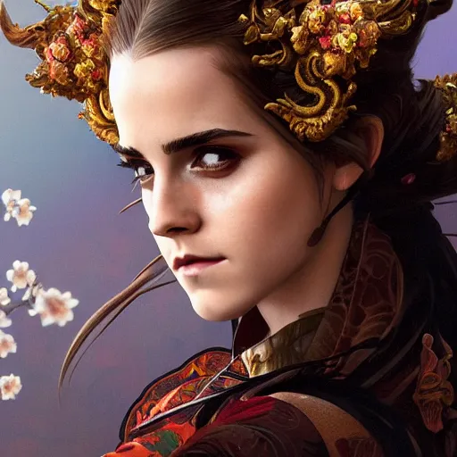 Image similar to a photorealistic dramatic fantasy render of a beautiful woman emma watson wearing a beautiful intricately detailed japanese monkey kitsune mask and clasical japanese kimono by wlop, artgerm, greg rutkowski, alphonse mucha, epic, beautiful dynamic dramatic dark moody lighting, shadows, cinematic atmosphere, artstation, concept design art, octane render, 8 k