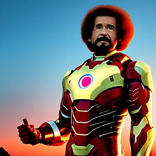 Image similar to a still of Bob Ross as Ironman. Magic Hour. Professional photography, 4K. Mood