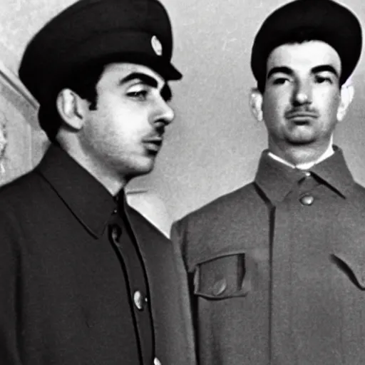 Image similar to Nathan For You, Nathan Fielder, Standing next to Joseph Stalin, Winter coats, somber solemn black and white photo