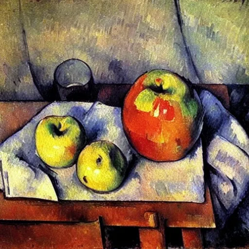 Image similar to Still life oil painting of an apple and a mug of coffee on a school desk, Paul Cezanne, 1895, award-winning, realistic, oil painting, dynamic lighting