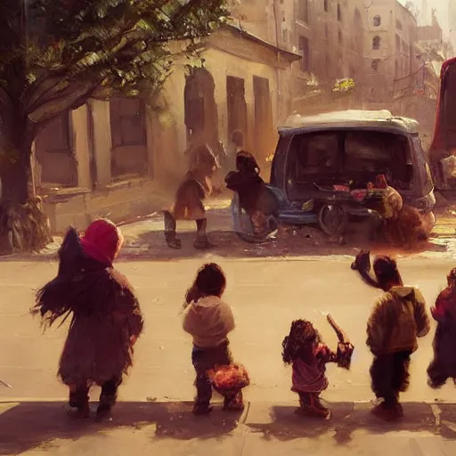 Image similar to oil painting of orphaned children asking for food in the streets of the city, by greg rutkowski, artstation