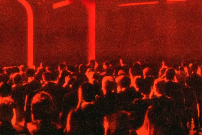 Image similar to a dark conference hall, people cheering at the man on stage, atmospheric and obscure, red neon light, by roger deakins, cinematography, syd mead, dave mckean