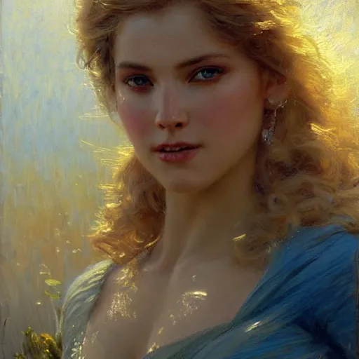 Image similar to detailed cinematic wide shot of beautiful attractive woman clean skin blue yese blonde hair, ultra realistic, spring light, painting by gaston bussiere, craig mullins, j. c. leyendecker