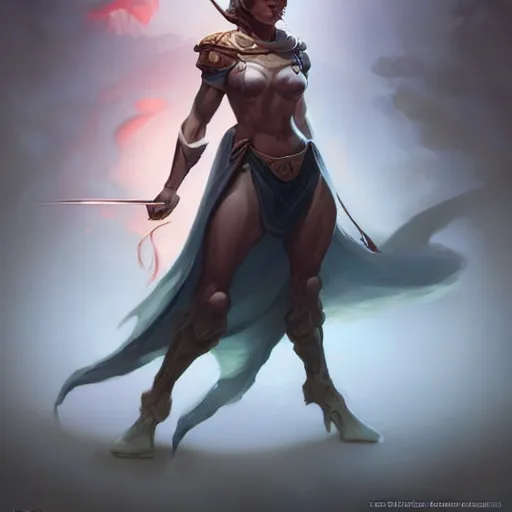 Image similar to stylized and full dressed muscular female D&D warrior character, full body, dinamic body pose, beautiful and simetric face, digital art by Peter Mohrbacher and Artgerm and Julie Dillon and Alex Ross, atmospheric cinematic lighting, concept art, matte, sharp focus, stunning, beautiful, powerfull illustration, highly detailed award-winning masterpiece with incredible and beautiful details, trending on ArtStation